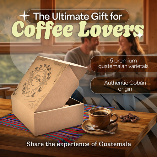 Nomad Coffee gift box with a cup of Guatemalan coffee and roasted beans on a wooden table, the ultimate gift for coffee lovers